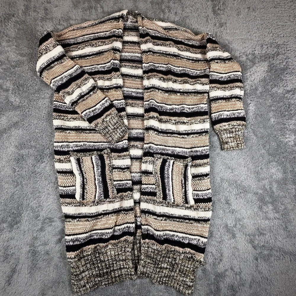 By Together Striped Longline Cardigan Sweater Neutral Boho Open Front L2723 S/M